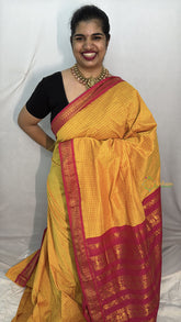 Vriksham Mango Yellow With Pink Border-Vairaoosi Podi Kattam-Kalyani Cotton Saree-VS4590